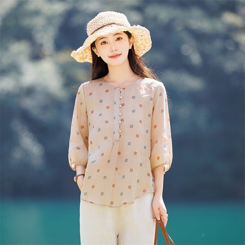 2026年春季女短袖宽松亲肤透气常规苎麻，女装衬衫，江南依恋