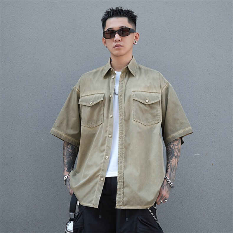 美式工装衬衫短袖夏季宽松纯棉脏染衬衣男A436-0629-P5578,男装衬衫,电商A436