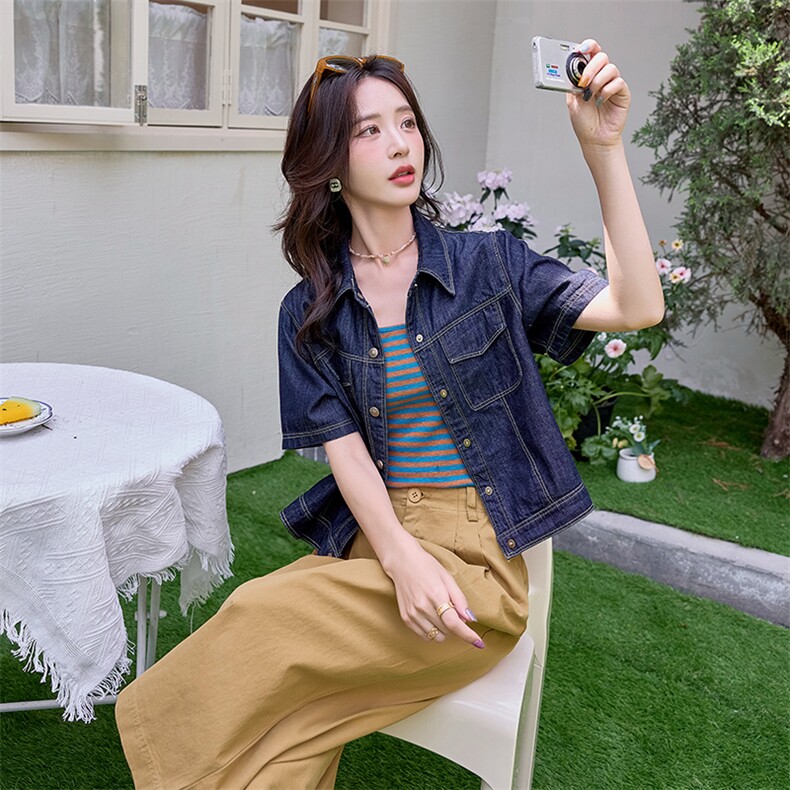 时尚牛仔套装女2025夏季淡人条纹洋气减龄小个子工装阔腿裤三件套,女装套装/套裙,铭街依杨