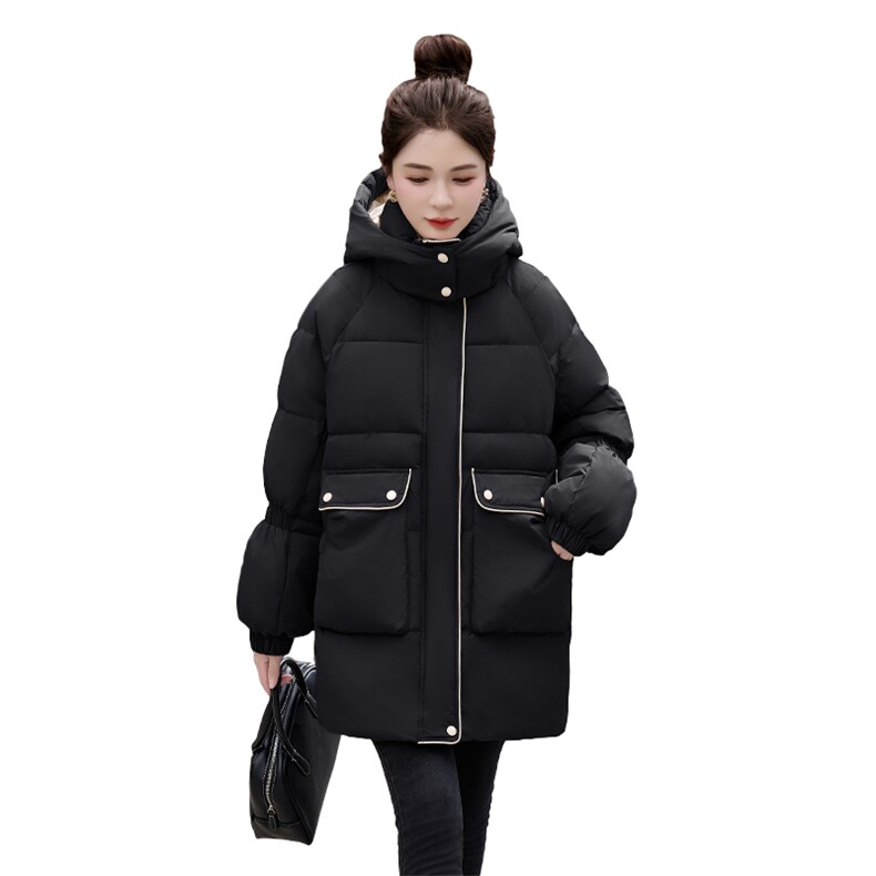 时尚拼色羽绒棉服女中长款冬季2024新款韩版宽松连帽加厚棉袄外套,女装棉衣/棉服,牡丹诺