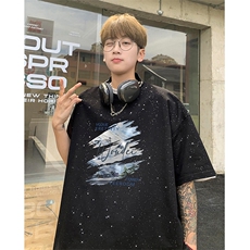 可48小时发货支持抖音得物来样二开美式满天星亮片短袖T恤MTX723，男装T恤，电商A486-1