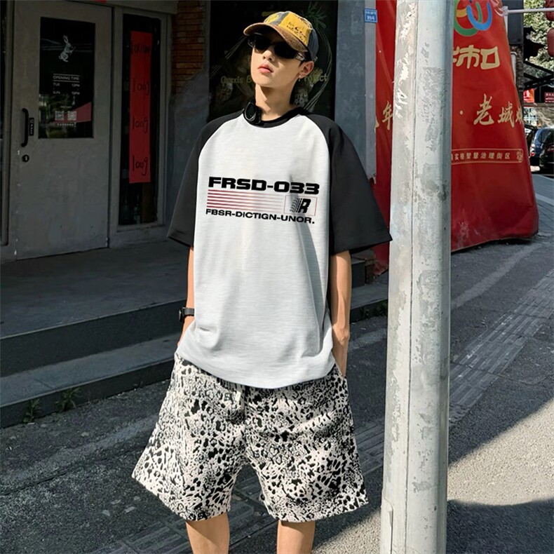 抖音得物高品质二开240克宽松纯棉美式潮牌插肩袖拼接短袖T恤,男装T恤,电商A486