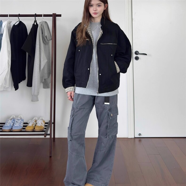 JK8569-P76美式覆古格纹工装夹克男女秋季cleanfit百搭宽松立领,男装T恤,电商B323A