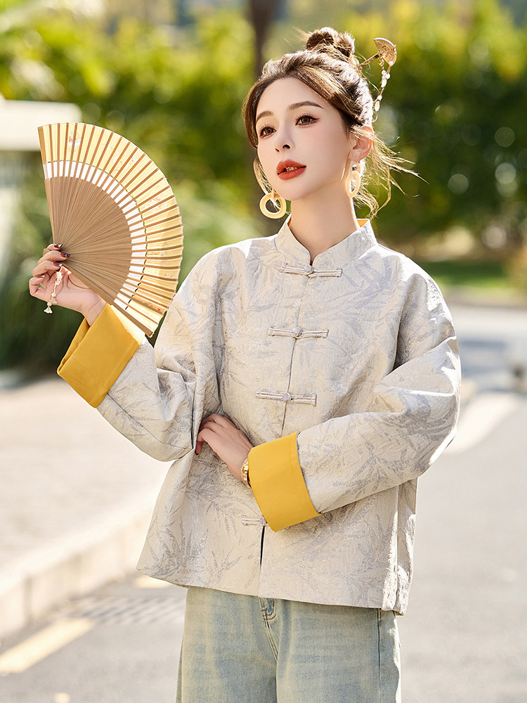 新中式国风提花短款外套女2025春季新款盘扣高端气质撞色唐装上衣,女装短外套,依如秀(原杭风阁)