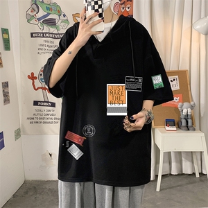 LD54121-P45 NASA连帽短袖t恤男大码胖子带帽五分袖中袖图片