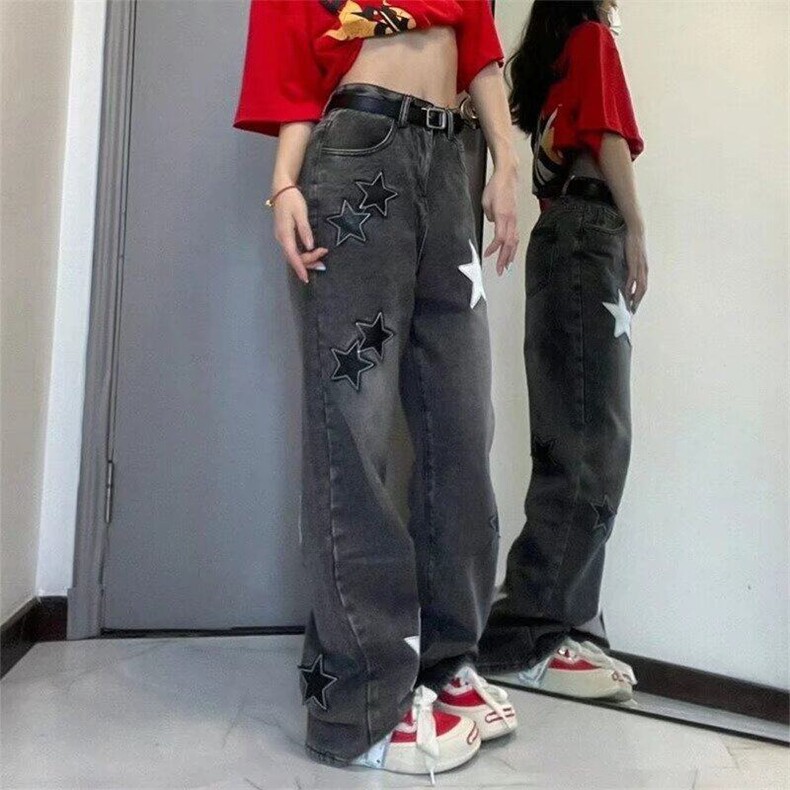 大码胖妹妹高街设计感星星刺绣牛仔裤女春秋新款高腰显瘦阔腿长裤,男装牛仔裤,星座506A