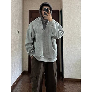 慵懒风V领连帽细节拼接华棉连帽卫衣男春秋季休闲帽衫外套 W110图片