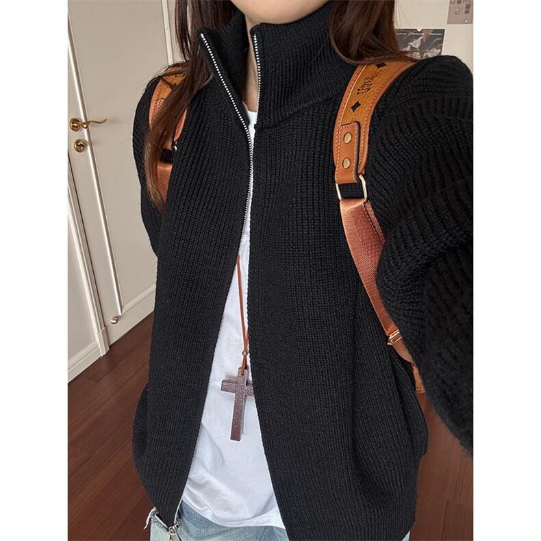 重磅秋冬北极绒双拉链毛衣开衫美式复古休闲慵懒风宽松针织衫外套，男装针织衫/毛衣，电商A486