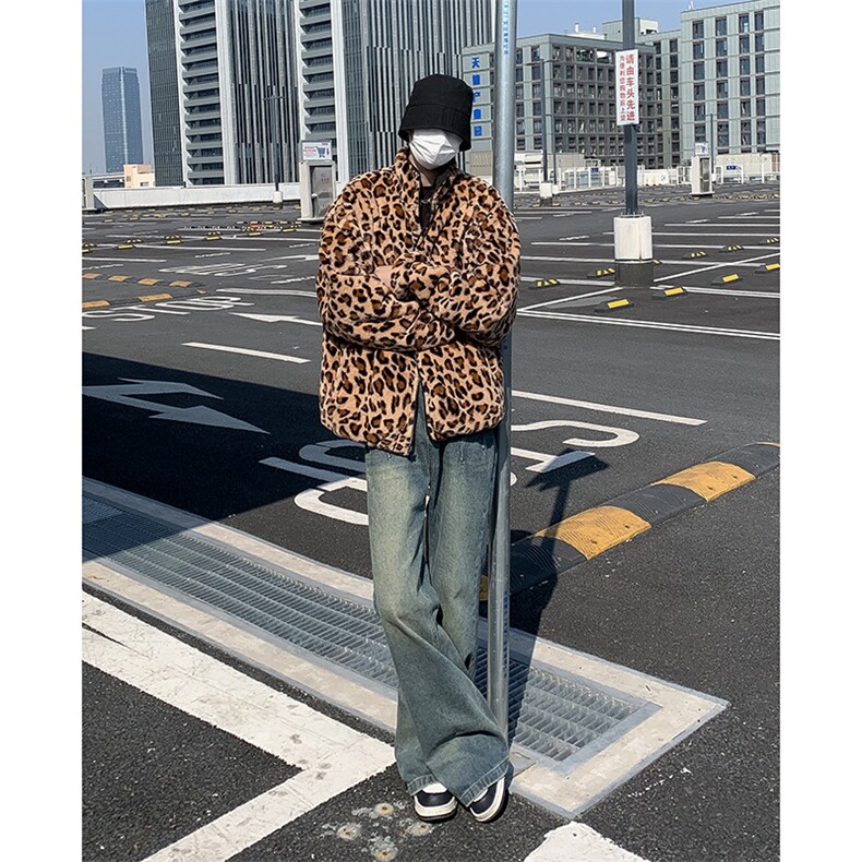 现货豹纹羊羔毛加厚棉服外套男冬两面穿美式高街短款棉衣袄子,男装棉衣,星座302B