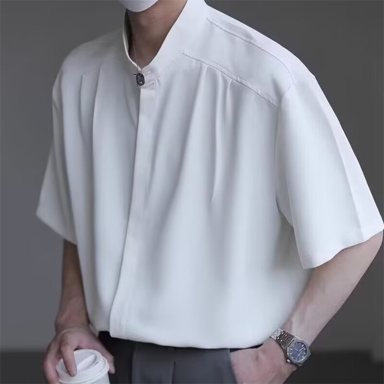 新中式立领男士衬衫短袖夏季冰丝痞帅高级感男装五分中袖无领衬衣,男装T恤,星座506A