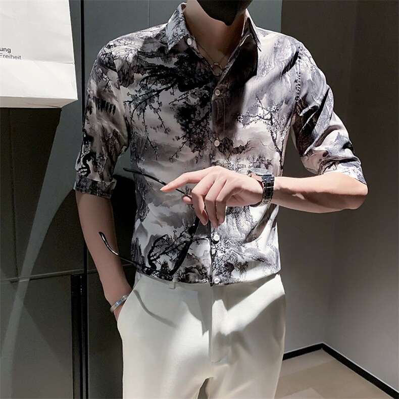 B216 CS145 P45  2025夏装新款男士山水画中袖衬衫 小伙风图片