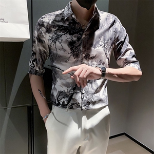 B216 CS145 P45  2025夏装新款男士山水画中袖衬衫 小伙风图片