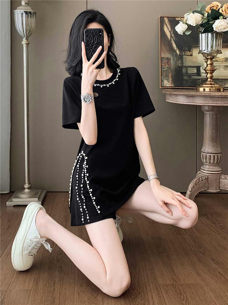欧韩时尚套装女夏季新款圆领钉珠设计侧开叉不规则上衣短裤两件套,女装套装/套裙,江南