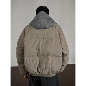现货高品质重磅工艺美式高街假两件PU皮棉衣男女加厚棉服外套图片