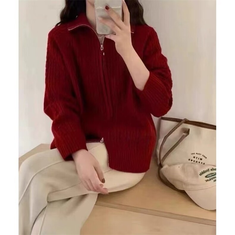 长袖针织开衫女宽松百搭纯色拉链休闲外套上衣，女装针织衫/毛衣，鑫友供货