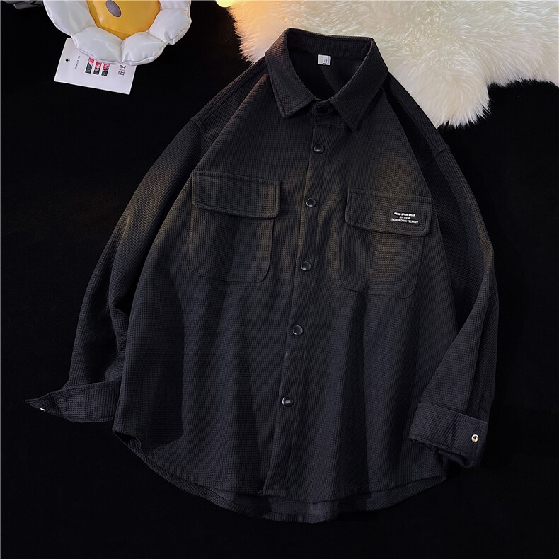 港风平铺华夫格工装长袖衬衫女大码M-5XL情侣长袖衬衫男CS7754P45,男装衬衫,星座227-7