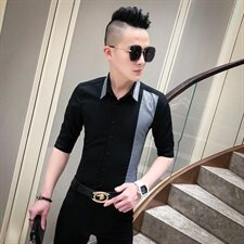 2021夏男衬衫英伦男中袖上衣韩版修身拼接男花衬衫A068-D824-P55，男装衬衫，星座419（原A233）