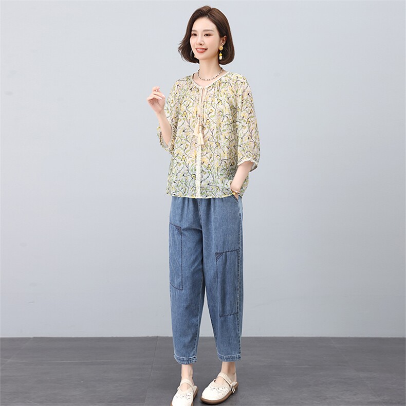 叶笙衣套装2555-312碎花洋气上衣刺绣牛仔裤套装,女装套装/套裙,叶笙衣