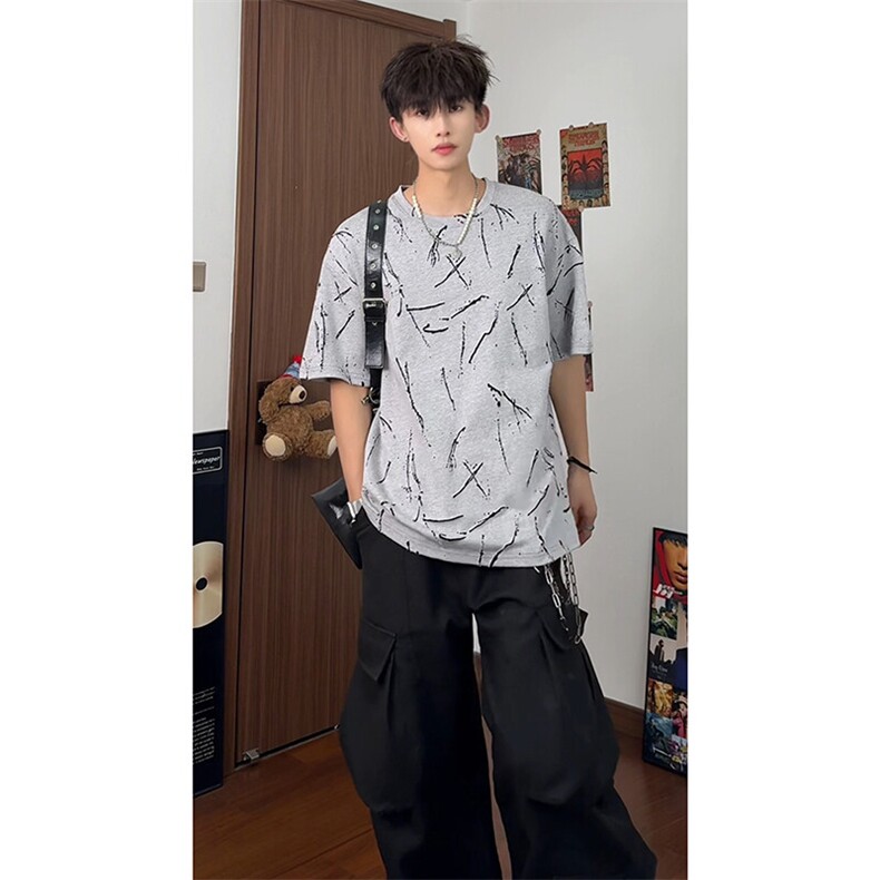 撕裂感破洞点睛潮牌休闲上衣潮流不规则复古短袖T恤HY760TP38控68,男装T恤,电商A102B