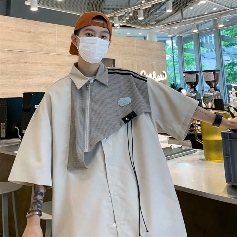工装华夫格拼接短袖衬衫夏宽松设计感小众衬衫 P40图片