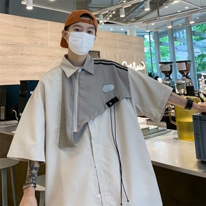 工装华夫格拼接短袖衬衫夏宽松设计感小众衬衫 P40图片