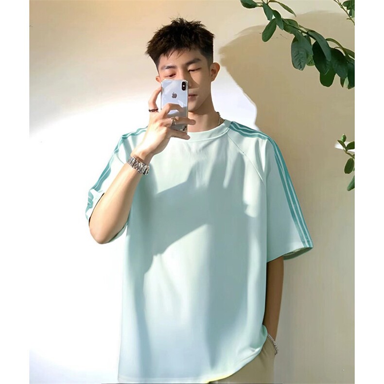 抖音得物品质二开240克宽松纯棉美式潮牌印花三条杠中性风短袖T恤,男装T恤,电商A486