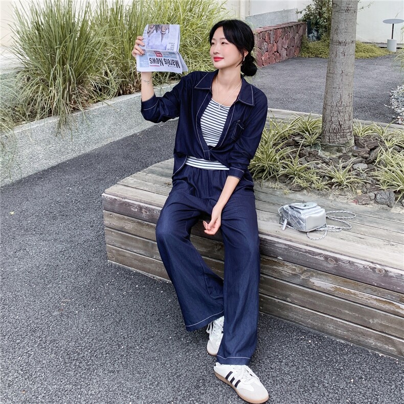 时髦松弛感牛仔蓝套装女2025秋季休闲风衬衫阔腿裤条纹背心三件套,女装套装/套裙,2C057