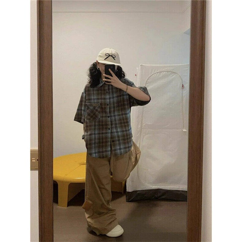 美式高街休闲格子短袖衬衫男女宽松高级感衬衣夏季外套WC1599-P32,男装衬衫,星座1008