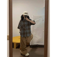 美式高街休闲格子短袖衬衫男女宽松高级感衬衣夏季外套WC1599-P32，男装衬衫，星座1008