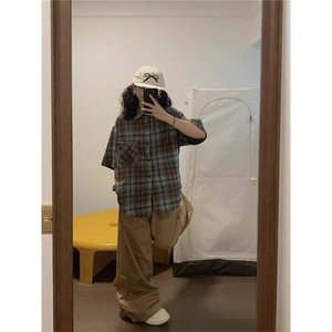 美式高街休闲格子短袖衬衫男女宽松高级感衬衣夏季外套WC1599-P32图片