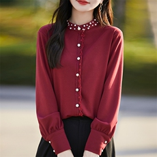 高端气质立领衬衫女洋气钉珠秋冬磨毛德绒加厚上衣保暖衬衣打底衫，女装针织衫/毛衣，佳绒高端店