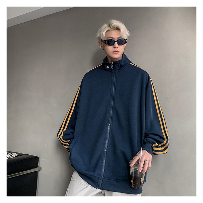 秋季380克全棉宽松条纹拉链套头卫衣立领POLO衫外套AH914-P42,男装Polo衫,四季星座610B