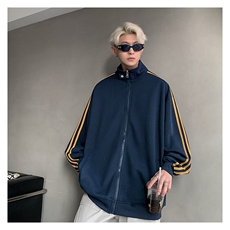 秋季380克全棉宽松条纹拉链套头卫衣立领POLO衫外套AH914-P42，男装Polo衫，四季星座610B