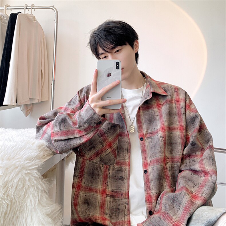 衬衫男春季新款港风宽松大码磨毛扎染格子长袖衬衣CS6635-P38，男装衬衫，星座214-3
