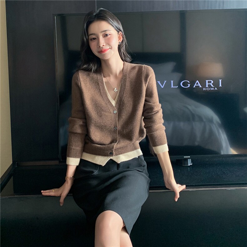 2025秋冬百搭时尚v领纽扣长袖针织衫,女装羊绒衫,玛卡隆羊绒