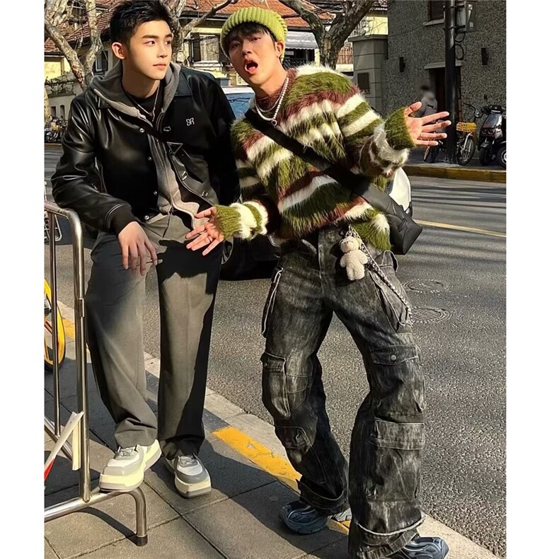 马海毛针织衫男士韩版软糯毛线衣慵懒风绿色条纹毛衣宽松圆领上衣,男装针织衫/毛衣,星座506A