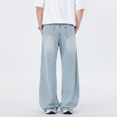 浅蓝色宽松牛仔裤男cleanfit风美式复古潮牌直筒休闲捏褶阔腿长裤，男装牛仔裤，星座410-6（原星座1304-1）