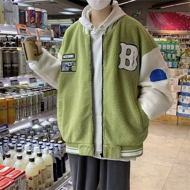 羊羔绒棉衣秋冬男生衣服保暖宽松棒球服个性绣花撞色棉服新款男装,男装棉衣,星座1013-1