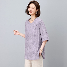 显瘦亚麻中长宽松中年妈妈女装2025新款t恤夏季短袖打底上衣棉麻，女装衬衫，独衣靓