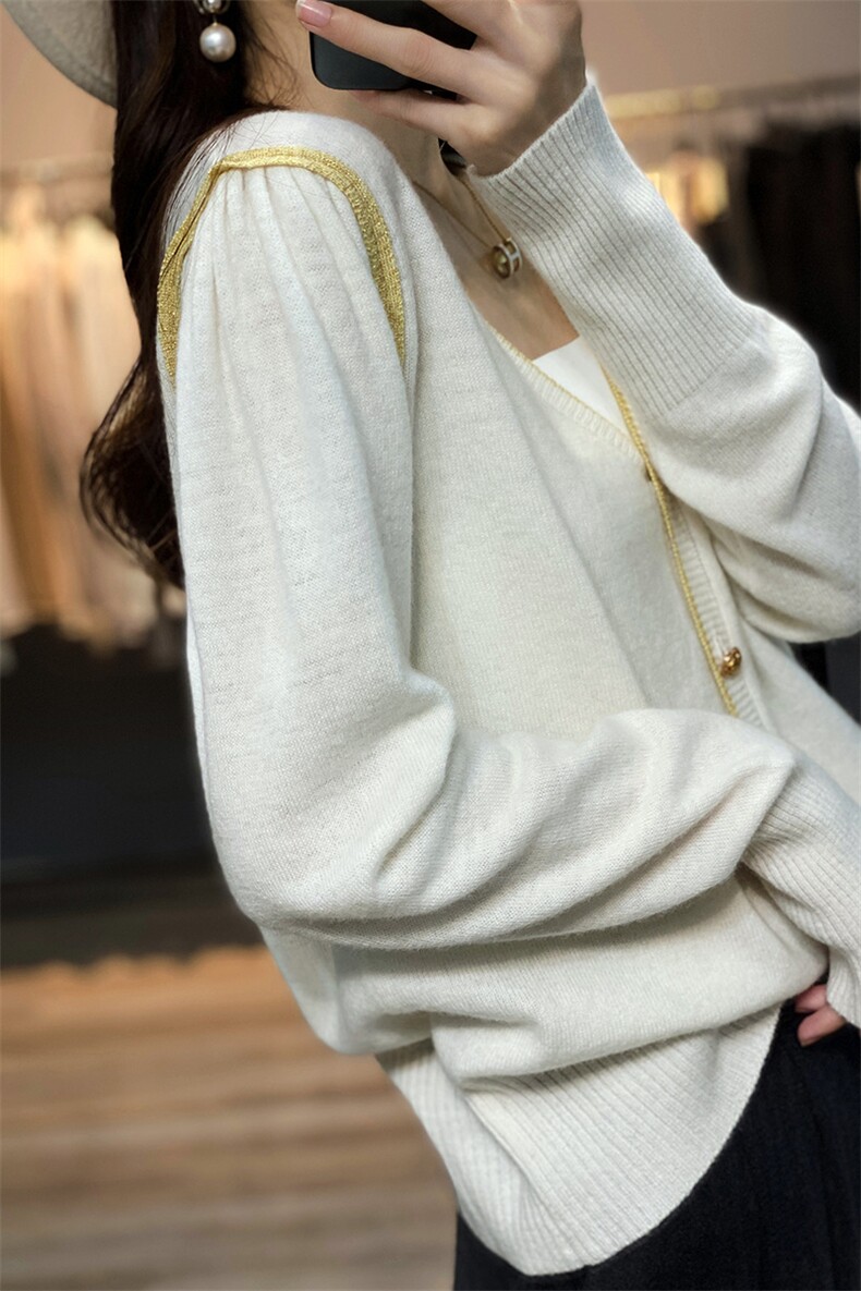 优雅气质金边羊毛开衫百搭温柔小香风V领针织衫,女装羊毛衫,圣旺供货