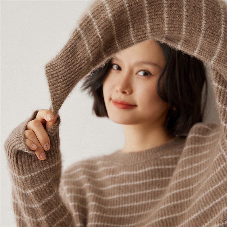 优雅百搭时尚条纹羊绒衫显瘦修身圆领毛衣,女装羊绒衫,米琪莲羊绒