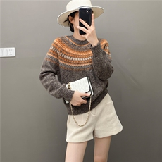 2025年秋季新款百搭5针3股圆领花纱费尔岛套衫，女装针织衫/毛衣，国旺羊绒