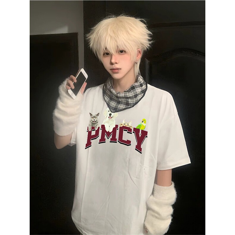 抖音得物供货210克现货宽松纯棉美式潮牌印花落肩袖纯棉T恤AT2156,男装T恤,电商A443