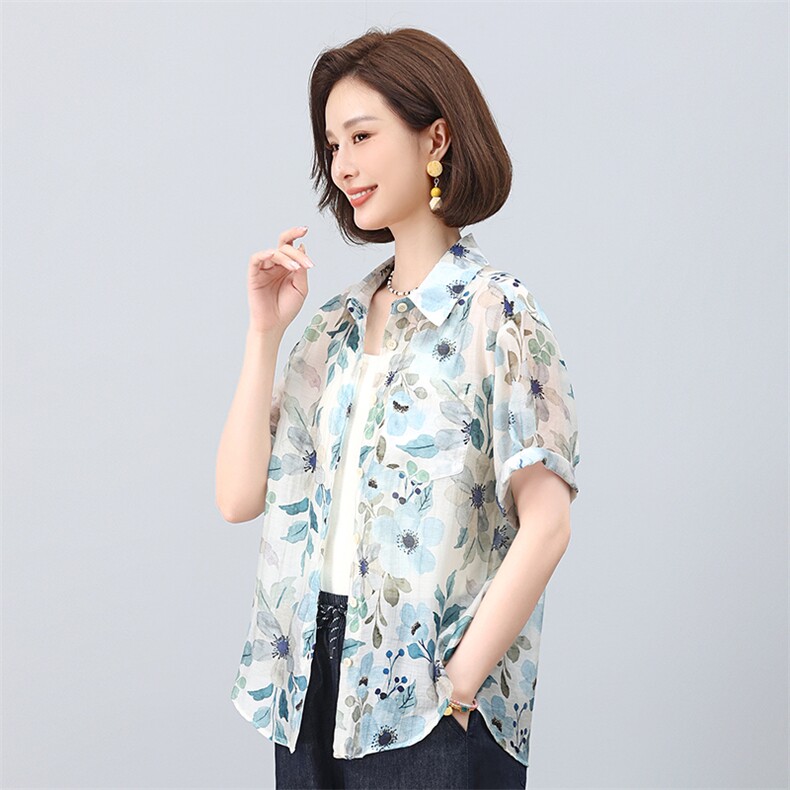 叶笙衣2552衬衫领短袖印花上衣,女装衬衫,叶笙衣
