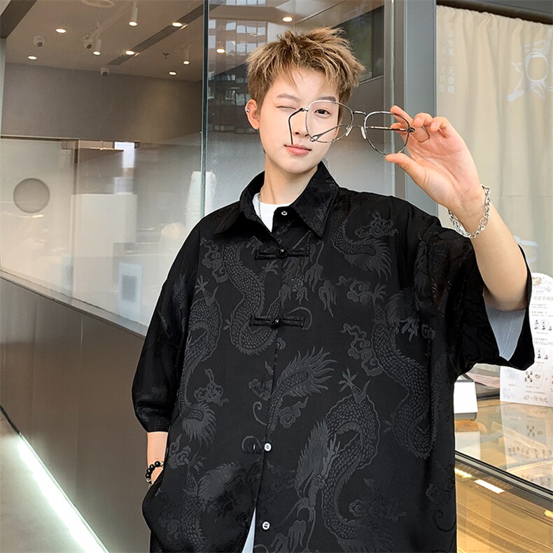 新中式冰丝提花衬衫短袖休闲日常穿搭XZ-907-TP35-控48，男装衬衫，星座907