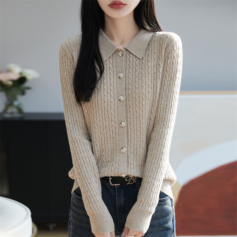 精纺100纯羊毛polo领麻花针织开衫女修身显瘦简约通勤毛衣外搭薄,针织衫/毛衣,朝思羊绒