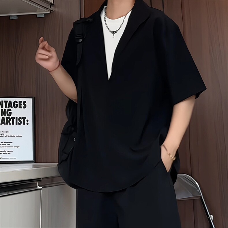 C5052/P35夏季新款假两件V领polo衬衫男大码宽松老钱风T恤上衣潮,男装T恤,电商A141