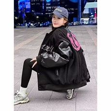 美式重磅毛呢拼接棒球服男春秋刺绣宽松休闲个性情侣夹克棉服外套，男装夹克，星座506A