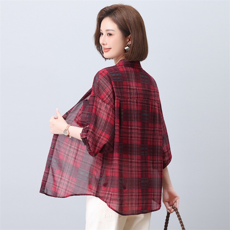 格子衬衫新款长袖上衣轻薄透气夏季防晒搭背心两件套，女装衬衫，莜菲儿