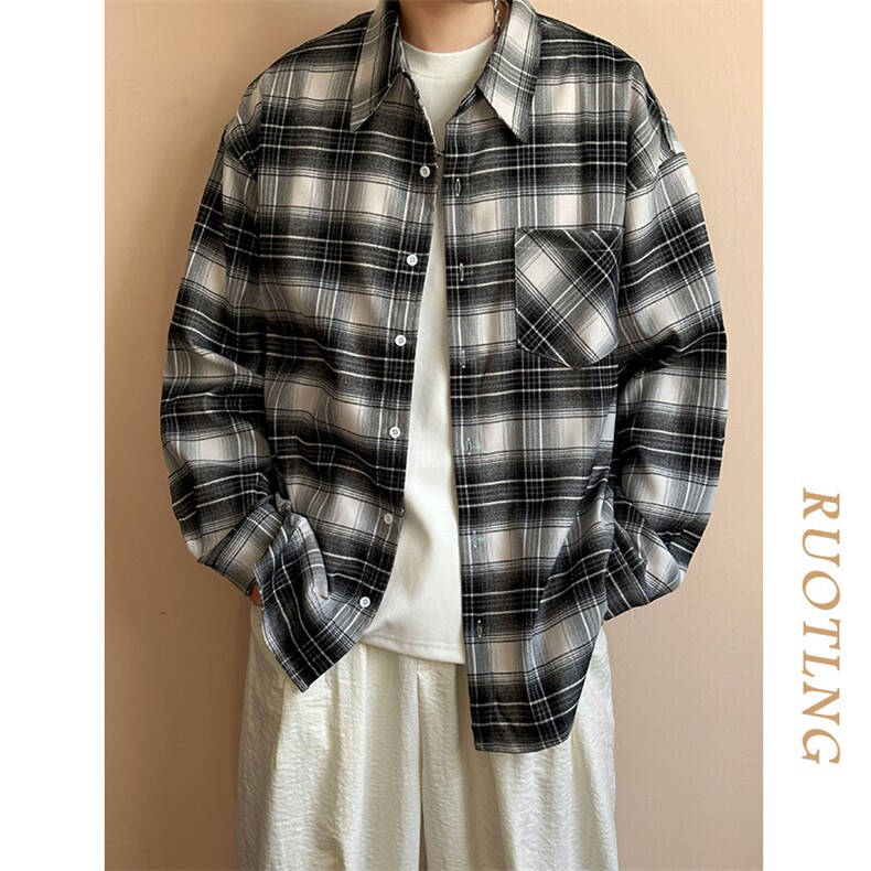 现货-春秋长袖格子衬衫男宽松潮牌休闲内搭衬衣-AC23086-特批P58，男装衬衫，电商A351